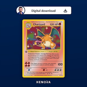 May include: A Charizard Pokémon card with a yellow border. The card features a fiery orange dragon illustration, with the text "Charizard" and "120 HP". The card also includes the text "Digital download".