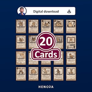 May include: A collection of 20 digital trading cards featuring line art illustrations of various creatures on a wood-grain background. The cards are arranged in a grid, each displaying character names, stats, and text. The text 20 Cards is centred.