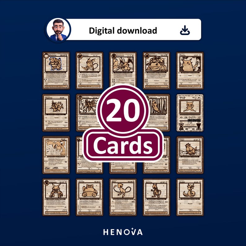 May include: A collection of 20 digital trading cards featuring line art illustrations of various creatures on a wood-grain background. The cards are arranged in a grid, each displaying character names, stats, and text. The text 20 Cards is centred.