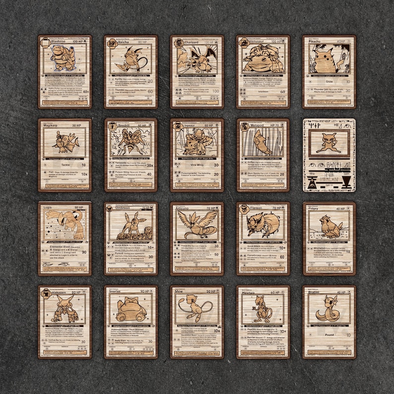 May include: A collection of twenty rectangular wooden plaques, each laser-engraved with the detailed illustration and text of a trading card featuring various creatures. The light brown wood grain is visible on each piece, showcasing character names, stats, and attack descriptions in a grid layout.