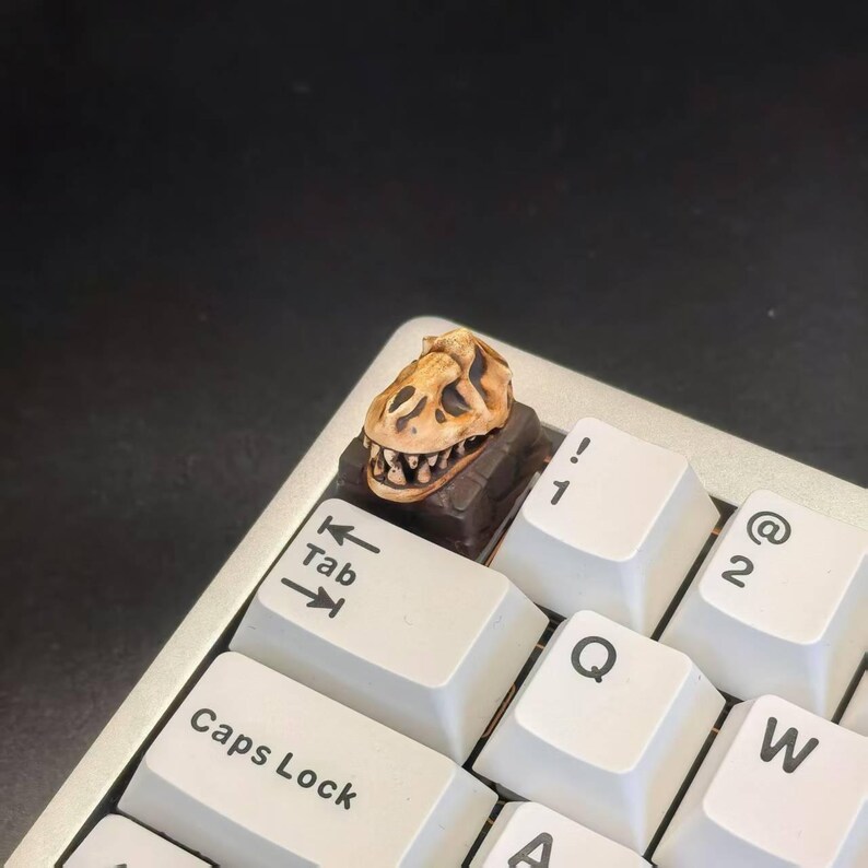 May include: A custom keycap featuring a detailed dinosaur skull design in shades of brown and tan. The keycap is mounted on a keyboard with white keys, including the Tab, Caps Lock, and number keys.