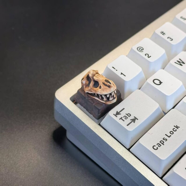 May include: A custom keyboard with a dinosaur skull keycap. The keycap is a detailed, tan-colored Tyrannosaurus Rex skull on a dark brown base. The keyboard has white keys and a silver frame.