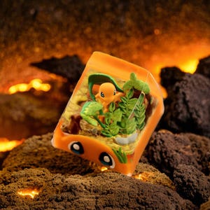 May include: A small orange and green resin keycap with a cute cartoon character inside. The keycap is shaped like a cube and has a clear top. The character is a small, orange creature with big eyes and a small mouth. The keycap is sitting on a bed of brown rocks.