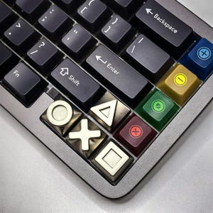 Puede incluir: Primer plano de un teclado mecánico con teclas negras y un marco plateado. El teclado presenta teclas personalizadas con símbolos de PlayStation y teclas de función coloridas, incluyendo teclas azules, verdes y rojas con símbolos.