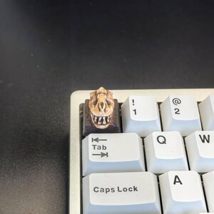 May include: A custom keycap featuring a detailed dinosaur skull design. The keycap is tan and brown, mounted on a keyboard with white keys. The keyboard has a silver frame. The keycap replaces the Tab key.