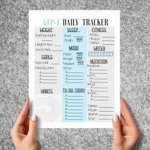 GLP-1 Printable for Weight Loss, Meal, Side Effect Tracking | Printable | Log Meals, Weight, Fitness, Sleep, Hunger, Mood, Water, shot, etc.