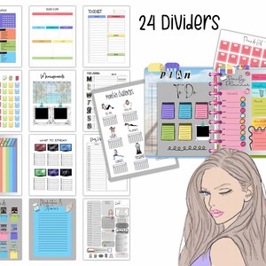 May include: A set of 24 printable planner dividers with various designs, including a daily planner, a to-do list, a monthly calendar, and a "Plan To Do" divider with colorful sticky notes. The dividers are designed for use in a personal planner or journal.