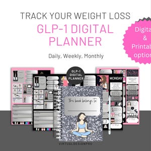 以下が含まれることがあります： GLP-1 薬を使用する体重減量のためのデジタルプランナー。キラキラ光る銀色の表紙に「この本は～のもの」というテキストが書かれています。毎日、毎週、毎月の追跡オプションが含まれています。画像には、ピンクと黒の印刷可能なバージョンのプランナーも表示されています。
