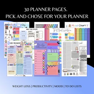 May include: A collection of colorful planner pages with various layouts for daily tracking, mood charts, and to-do lists. The text on the image reads "30 PLANNER PAGES. PICK AND CHOSE FOR YOUR PLANNER" and includes the words "WEIGHT LOSS | PRODUCTIVITY | MOOD | TO DO LISTS".
