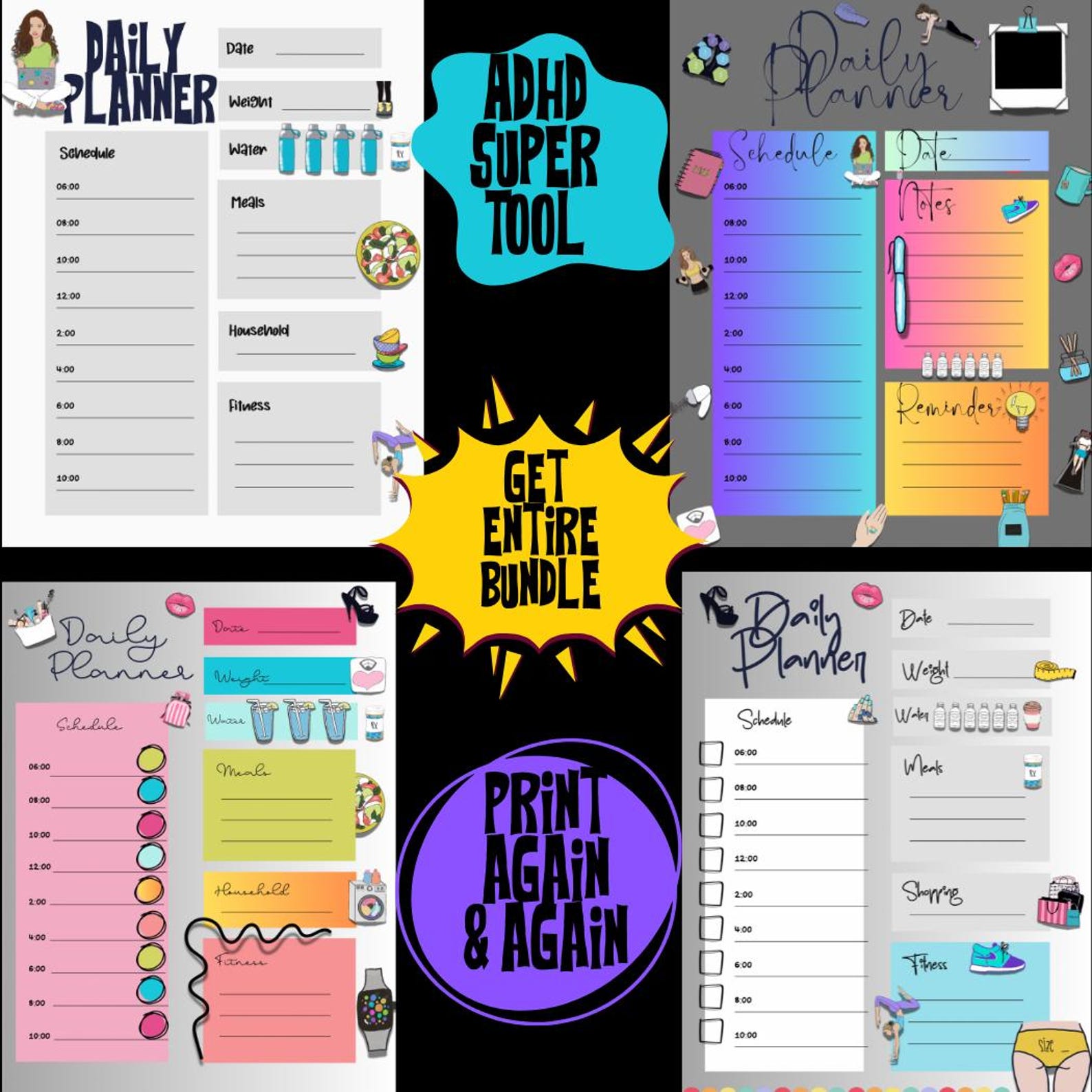 Girly Daily Planner Pages | Printable, ADHD Friendly (4 Styles ...