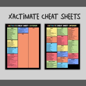 May include: Two colorful Xactimate cheat sheets, one for exterior and one for interior, with various categories and notes. The text "XACTIMATE CHEAT SHEETS" is written in a handwritten style at the top.