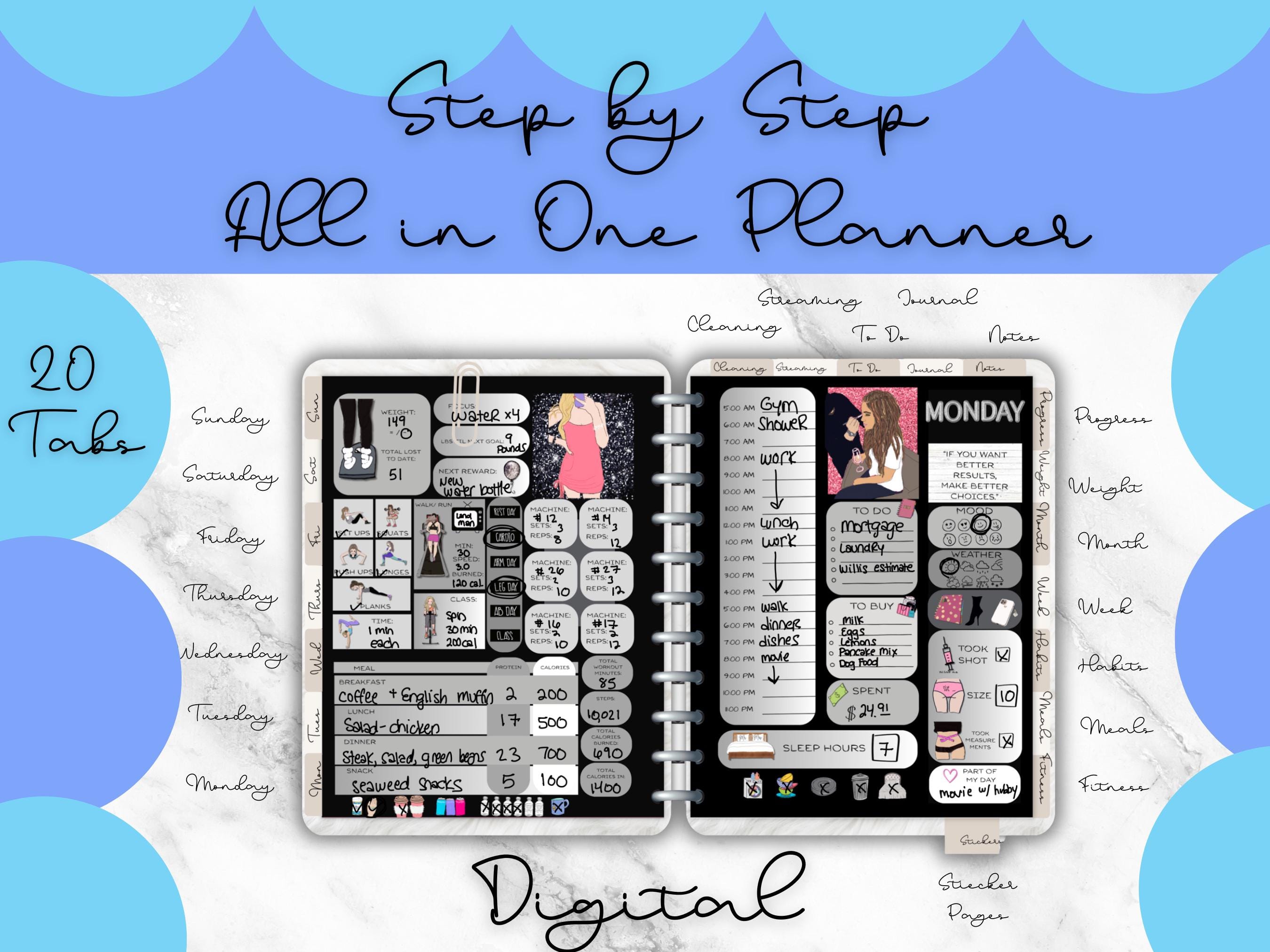 Motivational Weight Loss Digital Planner to track your Weight Loss, Meal Log, Water tracker, To Do Lists, Fitness tracker…