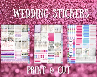 May include: Three sheets of wedding stickers with various designs, including floral patterns, photo frames, and decorative elements. The text "WEDDING STICKERS" and "PRINT & CUT" are displayed on a pink glitter background.