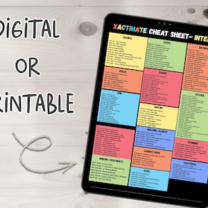 May include: A digital or printable Xactimate cheat sheet for interior design, displayed on a tablet. The cheat sheet is divided into colorful sections with text, including ceilings, walls, trim, doors, floors, and more. A white stylus is next to the tablet.