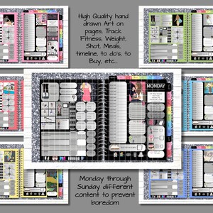 以下が含まれることがあります： フィットネス、体重、食事、To Doリストを追跡するために設計された、手描きのイラストが描かれたプランナーページ。ページはさまざまな色で、テキスト「High Quality hand drawn Art on pages, Track Fitness, Weight, Shot, Meals, timeline, to do's, to Buy, etc.」が含まれています。
