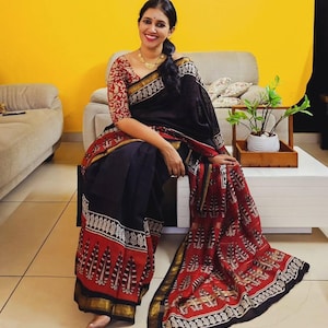 Black Maheshwari Silk Cotton Saree | Hand Block Print, Maroon Zari Border, Handloom Saree