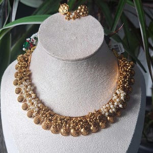 Antique Gold Temple Choker Necklace Set, Lakshmi Coin Pearl Bridal Jewellery UK