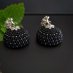 Black Beaded Jhumka Earrings: Indian Silver-Tone Jhumkis