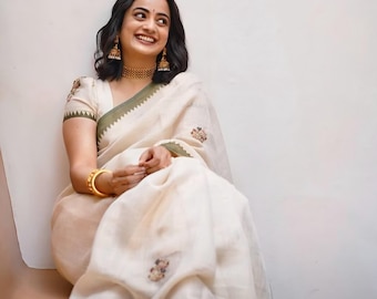 Handbroderad linnesari, Kerala Onam festkläder, lätta blomdetaljer