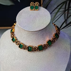 Antique Gold Choker Necklace Set, Emerald Ruby Temple Jewellery, South Indian Bridal Saree UK