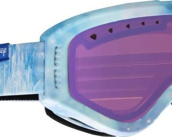 May include: Blue and white ski goggles with a pink lens and a Disney Frozen design featuring Elsa and Anna. The strap has the Disney logo.