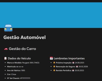 May include: A screen capture of a car management app. The app displays information about a Peugeot 306 car, including the make, model, registration, year of manufacture, color, and chassis number. The app also includes a section for important reminders, such as the next inspection date, insurance renewal date, and periodic review date.