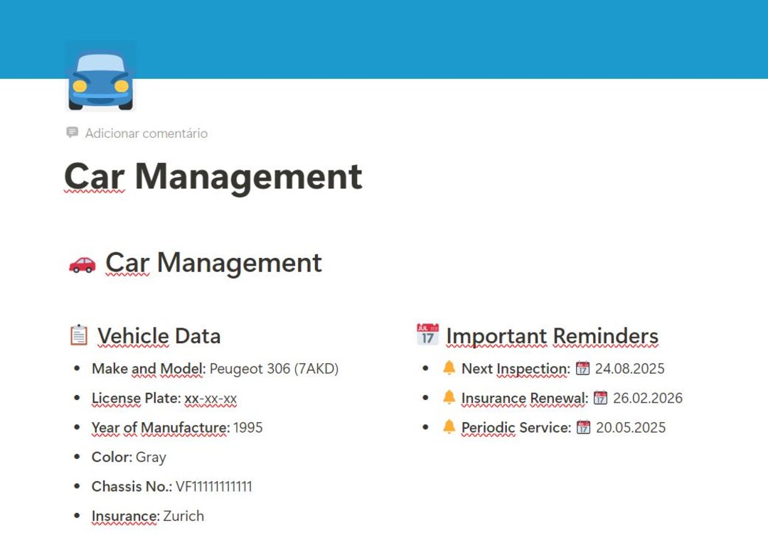 Car Management Template for Notion App - Etsy