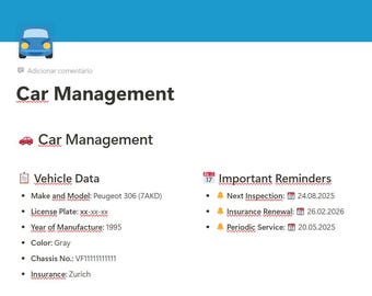 May include: A screenshot of a car management system with a blue car icon, a list of vehicle data, including make and model, license plate, year of manufacture, color, chassis number, and insurance, and a list of important reminders, including next inspection, insurance renewal, and periodic service dates.