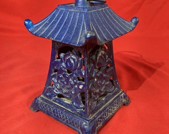 Party Lite Cast Metal Tealight 7" Lantern / Lotus Pagoda / Bronze / Navy Blue