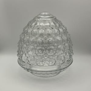 May include: Clear glass light fixture with a textured, bubble-like surface. The fixture has a rounded, egg-like shape with a small, circular top. The base is a wider, circular shape. The glass is transparent, allowing light to pass through.