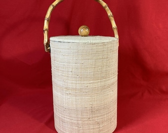 Vintage 1970's  Ice Bucket / Grass Cloth with Faux Bamboo Handle / No Tongs