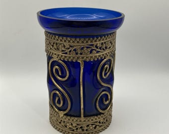 Vintage Cobalt Blue Caged Glass Vase or Candle Holder Hand Blown Mid Century