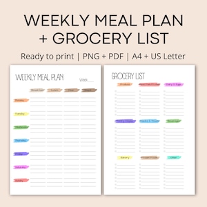Weekly Meal Planner Printable + Grocery List Template Checklist Bundle - Modern Minimalist Meal Plan - Organized Shopping List - Journal
