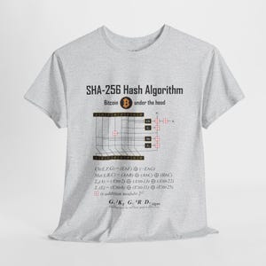 Puede incluir: Una camiseta gris con un diagrama del algoritmo hash SHA-256, un componente clave de Bitcoin. El texto "SHA-256 Hash Algorithm" y "Bitcoin under the hood" está impreso en la camiseta. El diagrama incluye un símbolo de Bitcoin.