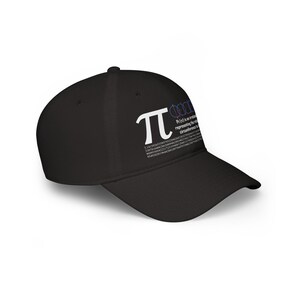 May include: A black baseball cap featuring a white graphic of the mathematical symbol pi, a series of blue and red circles, and the text: Pi (π) is an irrational number representing the ratio of a circle's circumference to its diameter.