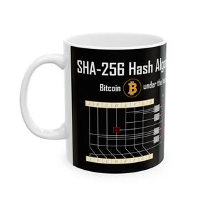 May include: White ceramic mug with a black design featuring the text "SHA-256 Hash Algorithm Bitcoin" and a Bitcoin symbol. The design also includes a diagram of the algorithm.