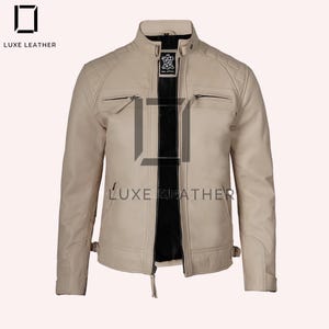 New Men&#39;s Beige Handmade Vintage Biker Leather Jacket, 100% genuine Sheepskin, Best Gift For Him