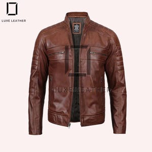 New Men&#39;s Classic Brown Quilted Cafe Racer Leather Jacket, 100% Genuine Sheepskin, Gift For Him
