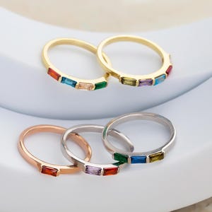 10K Gold Baguette Birthstone Rings, Personalized Birthstone Jewelry, Silver Family Birthstone Ring, Gift For Grandmas, Gift For Mother's Day