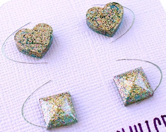 Heart Earrings // Heart Studs // Square Studs // Square Earrings // Glitter Earrings // Resin Earrings // Resin Studs // Stainless Steel