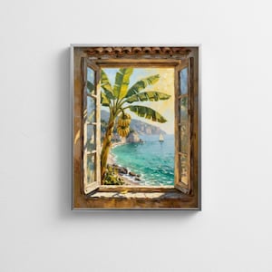 May include: Oil painting of a coastal scene viewed through an open window. A banana tree with yellow fruit stands in front of the turquoise water and a distant sailboat. The window frame is brown.