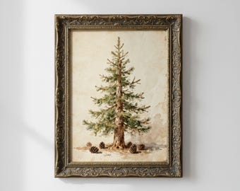 Vintage kerstboom muurkunst, rustiek vakantiedecor, antiek grenen botanische winter afdrukbaar
