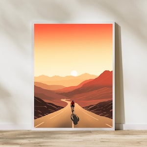 Modernes Radfahren Poster | Minimalistische Sonnenuntergang Biker Wandkunst | Malerische Straße Landschaft Druck | Fahrrad-Abenteuer-Dekor | Geschenk für Radfahrer | Radfahrer