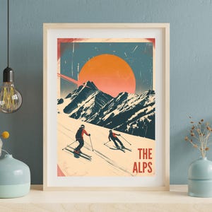 Retro Alps Skiing Poster | Vintage Mountain Ski Print | Winter Sports Wall Art | Skiing Art | Alps Travel Decor | Ski Lover