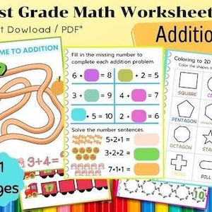 Peut inclure: Ensemble de feuilles de calcul de mathématiques de 1ère année sur l'addition. L'image présente des feuilles de calcul colorées avec des problèmes d'addition, l'identification des formes et un labyrinthe. Le texte "Instant Download / PDF" est également visible.