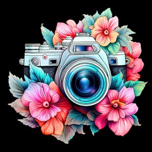 Beach Camera flowers Hologram Color, Watercolor Photo Camera Clipart, clipart PNG Photo Camera Clipart, Summer Beach Png, Design Png