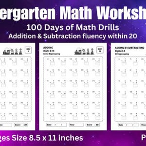 Peut inclure: Feuilles de calcul de mathématiques de maternelle avec 100 jours d'exercices de mathématiques pour la fluidité de l'addition et de la soustraction dans les 20. Les feuilles de calcul mesurent 21,6 x 27,9 cm. Le texte dit "PDF only".