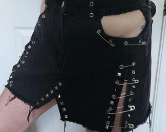 OOAK Upcycle Cut out Skirt Black Denim safety pins sz M Shein DIY