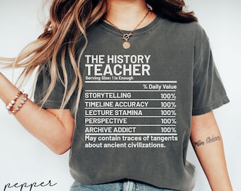 May include: Dark gray t-shirt with white text that reads "THE HISTORY TEACHER" and a nutrition facts-style graphic. The graphic lists "Storytelling," "Timeline Accuracy," "Lecture Stamina," "Perspective," and "Archive Addict" with 100% daily value.