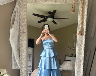 sachin and babi light blue dress Light Blue Knit Dress – V-Neck & Flounce Hem – Coquette Aesthetic Outfit Light Blue / S main image 0